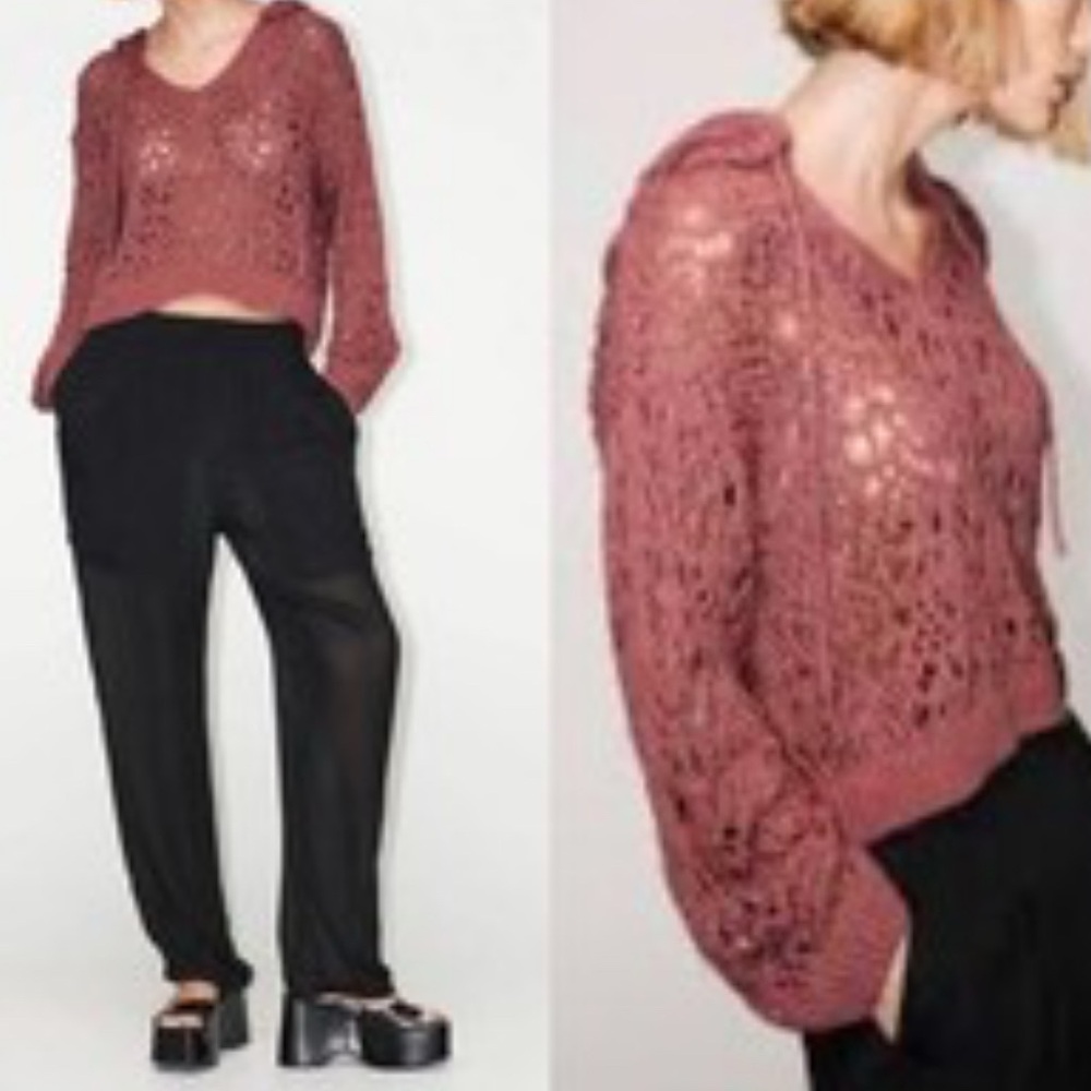Zara Women's Deep Red V-Neck Sweater